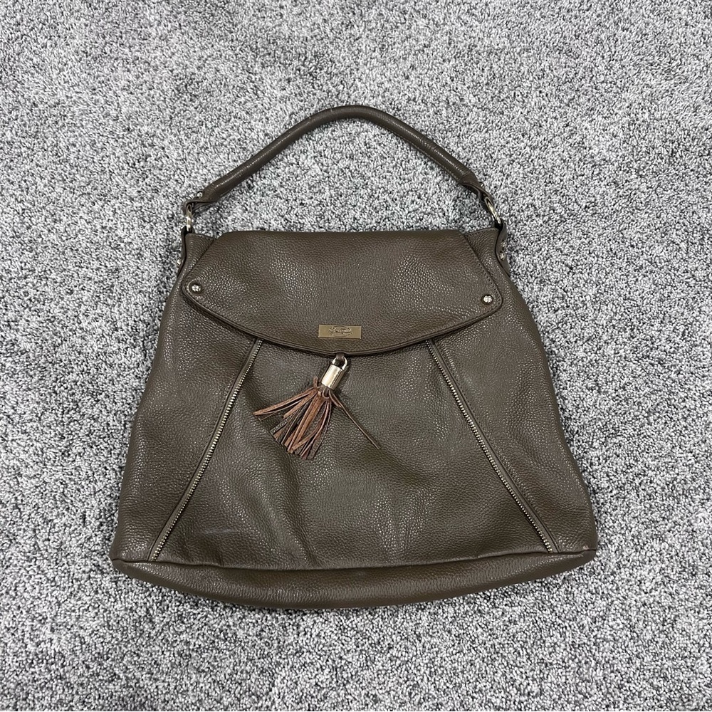 Onna Ehrlich Brown Green Genuine Leather Hobo Shoulder Bag Flap Close
